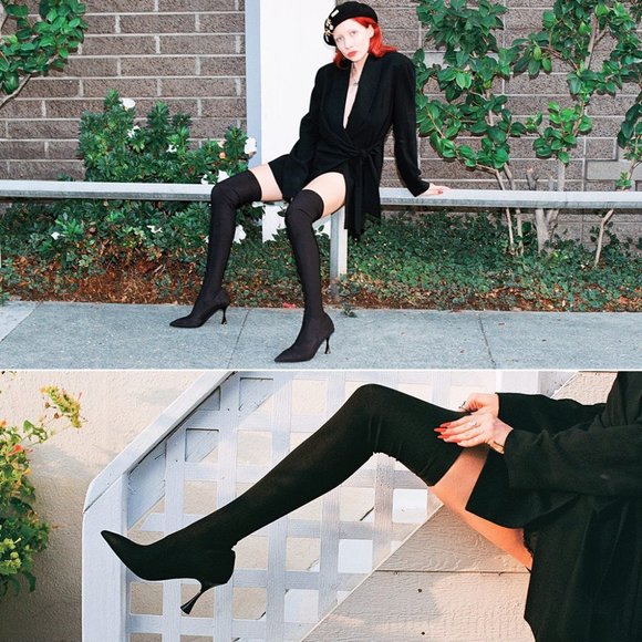 Jeffrey Campbell Madam Over the Knee BOOTS Size 9.5 Black Stretch Nylon NEW $170 - Picture 1 of 12